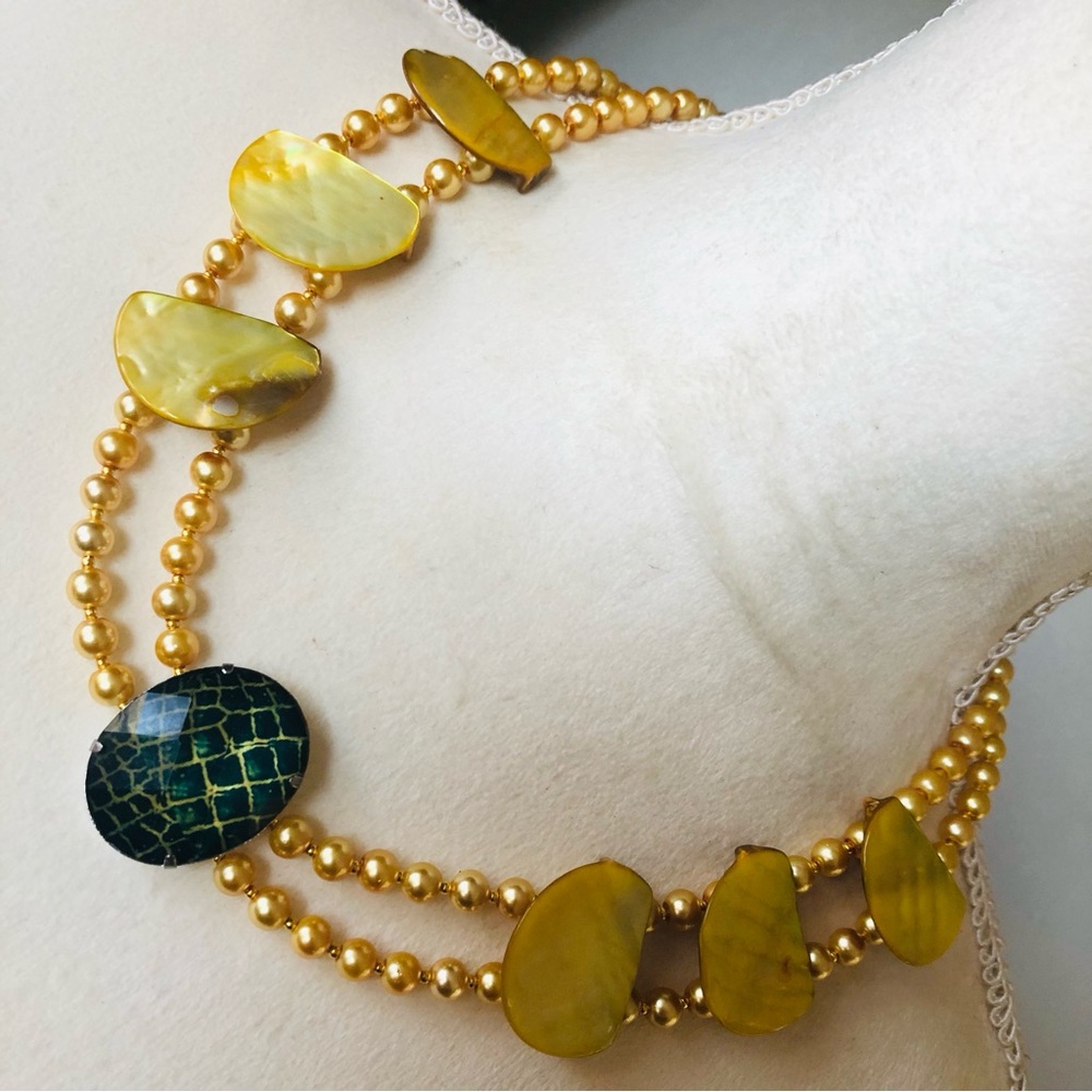 Handcrafted repurpose animal print stone dyed abalone Czech glass Pearl necklace